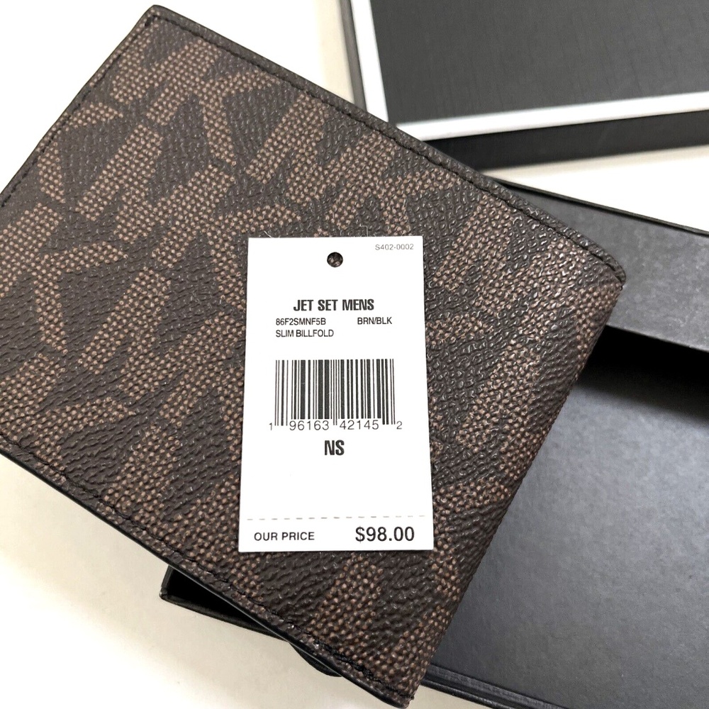 2pc MICHAEL KORS Slim Billfold Wallet Set Black Gray / Brown Logo Boxed Gift NWT - Picture 5 of 13